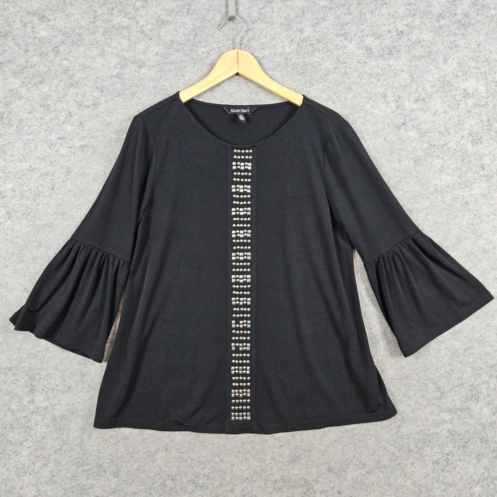 Ellen Tracy Black Bell Sleeve Studded Embellished Blouse Top Women's Size M Work - Picture 2 of 12